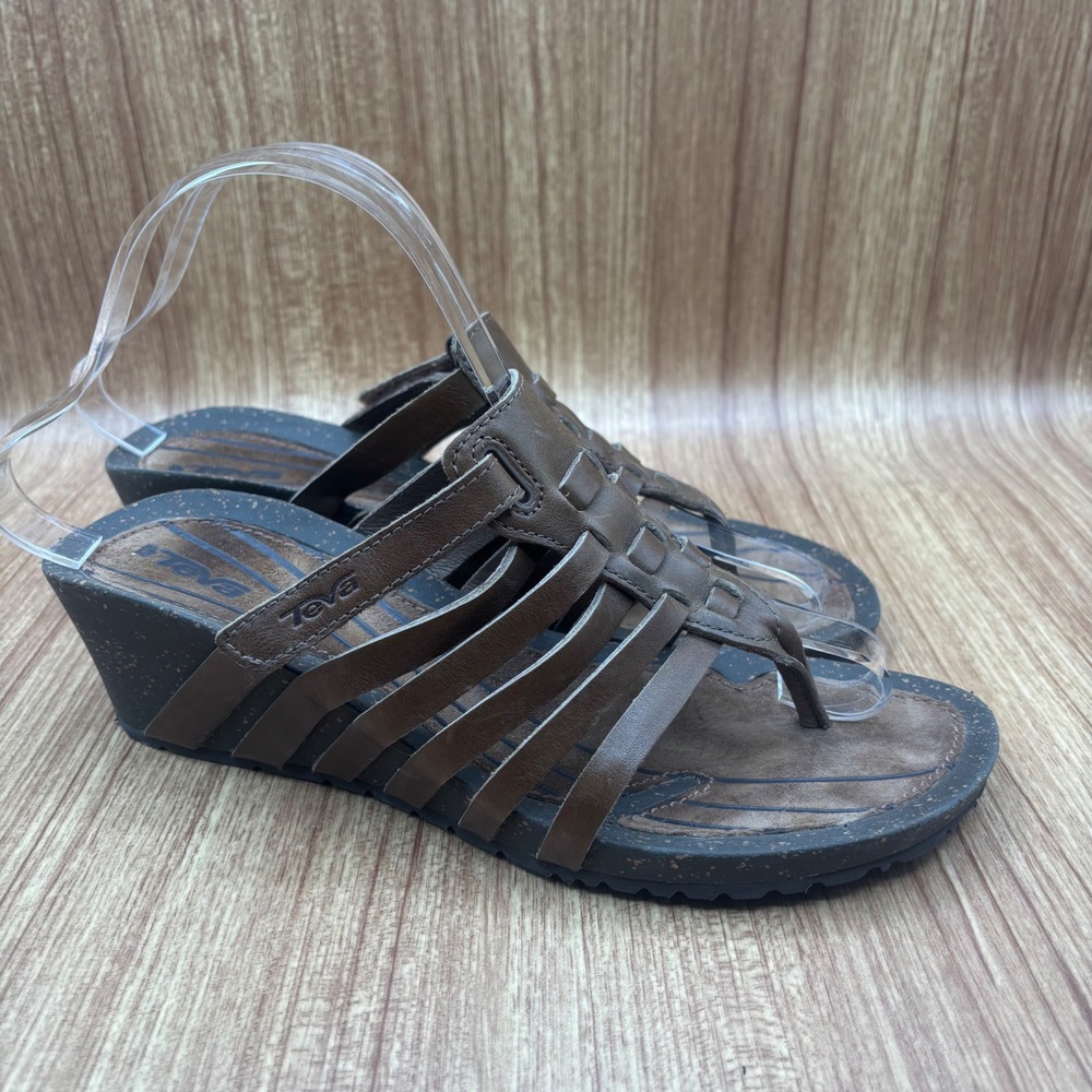 Teva Cabrillo Wedge‎ Sandals Brown Womens 8 Leather Strappy Gladiator Thong